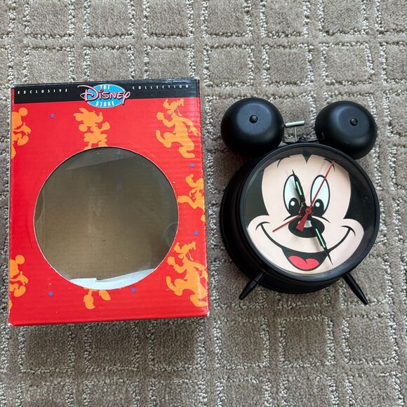 Vintage Disney Store Mickey Mouse Alarm Clock Classic Sunbeam Black Ear Bells - Picture 1 of 7
